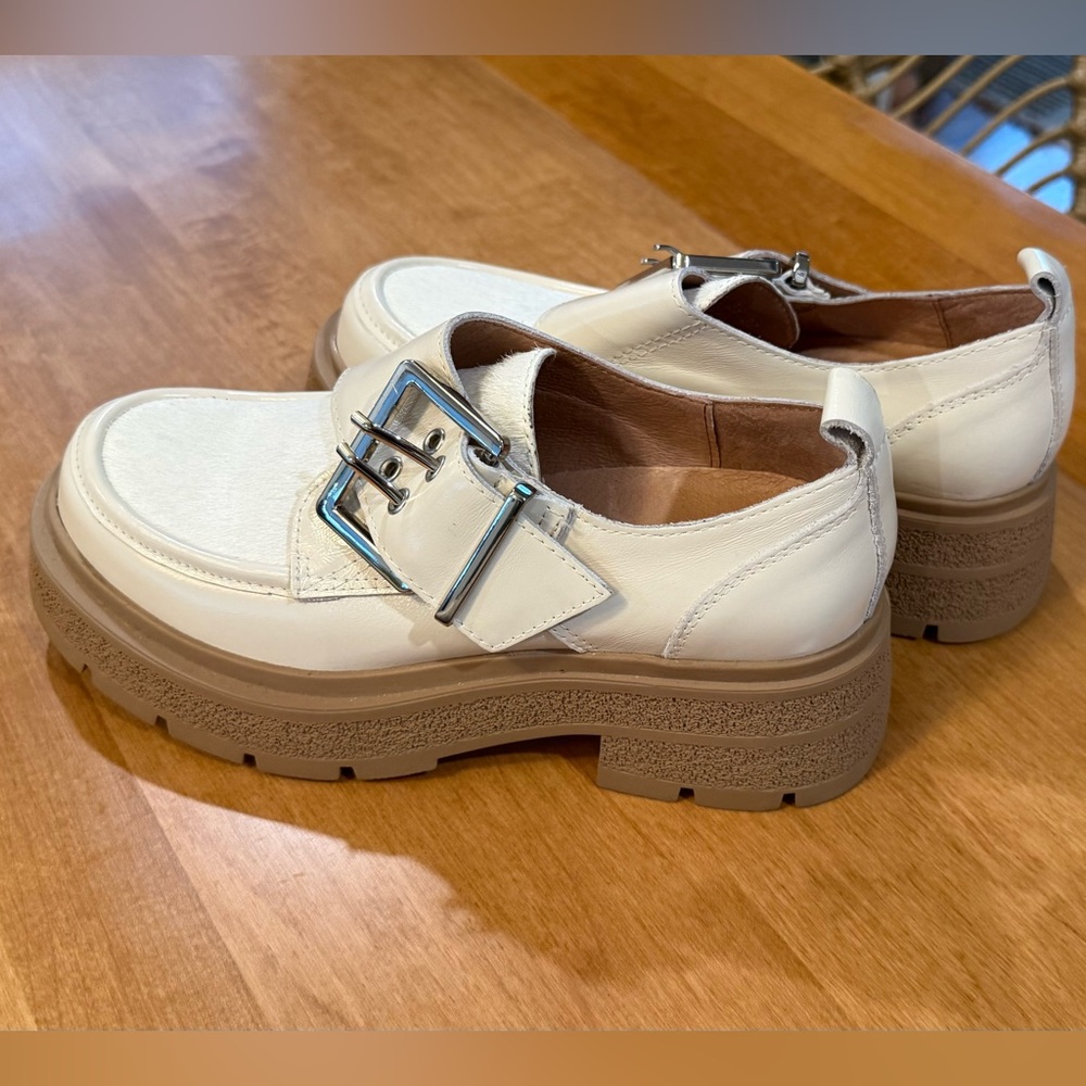 All Black Footwear, Genuine White Leather Loafers with Lugg Sole anSilver Buckle